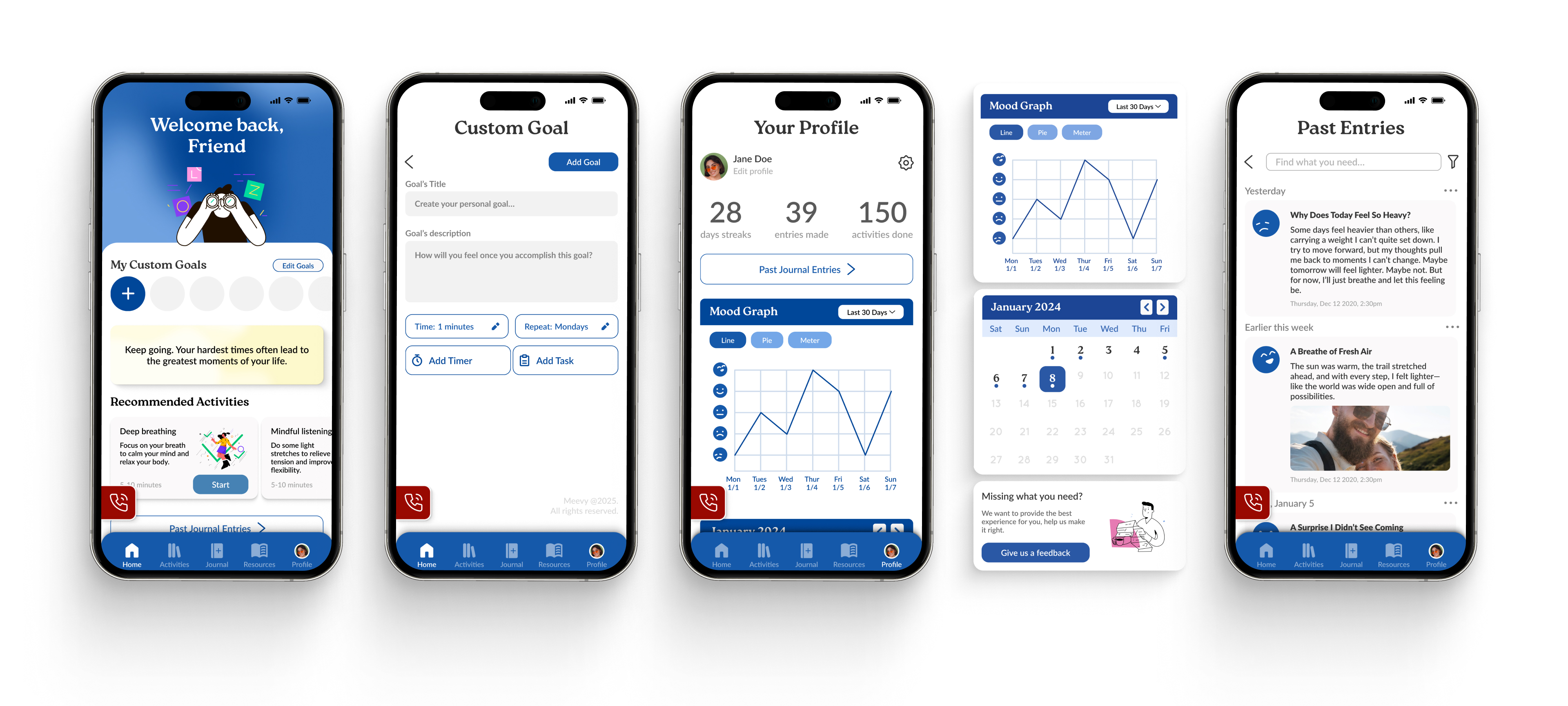 Showcasing 4 screens of home, custom goal, profile, and previous journal entries.