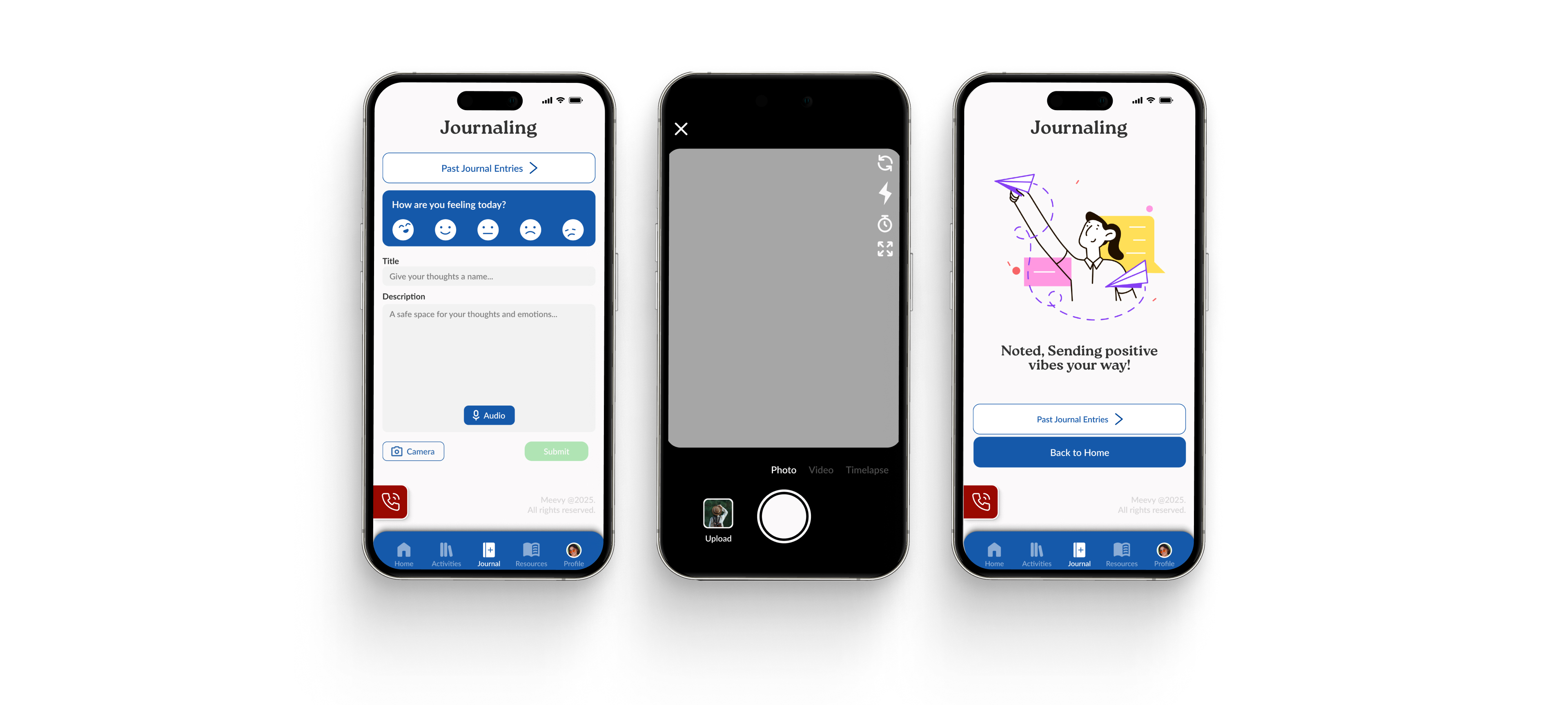 Showcasing 3 screens of Journal page, camera feature, and successful submission screen