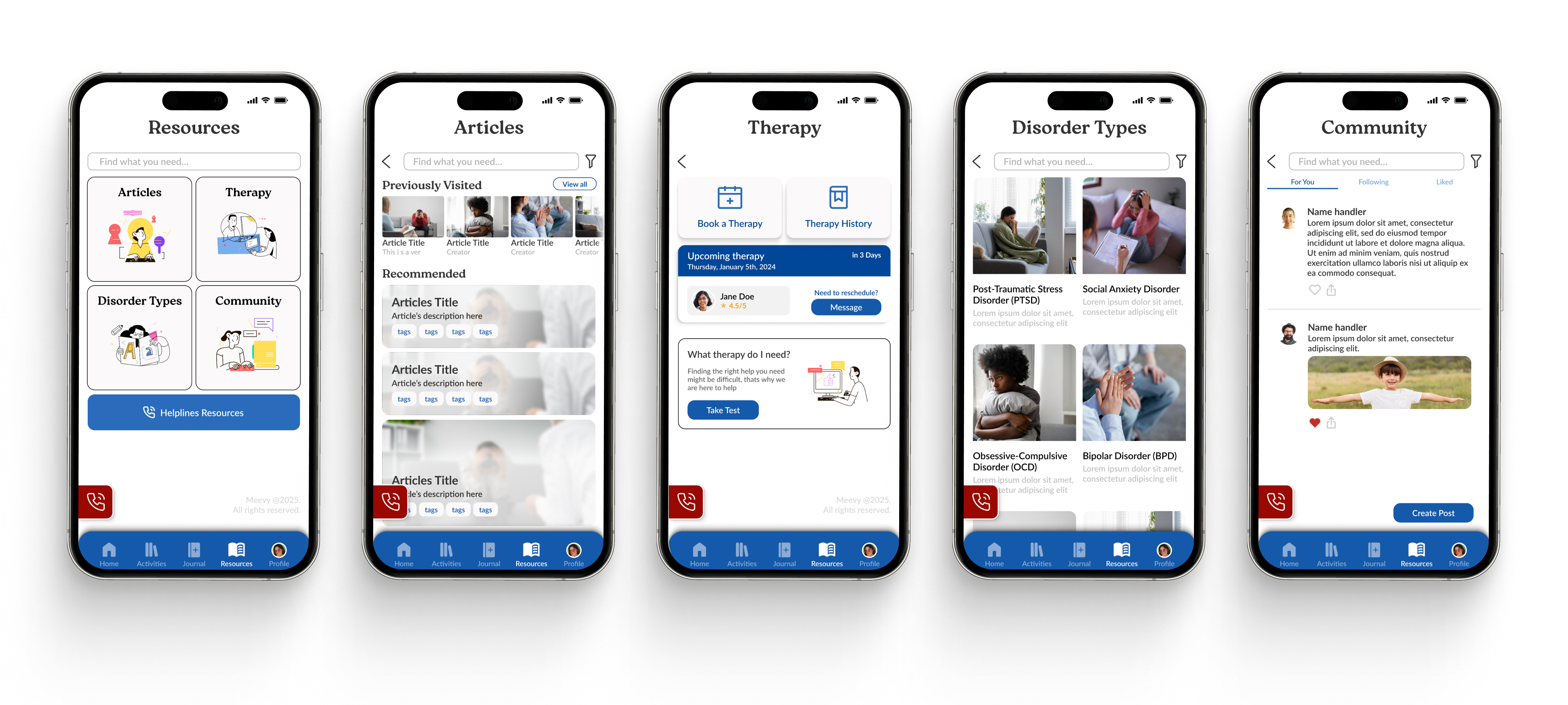 Showcasing 5 screen pages of resources, articles, therapy, disorder types, and community