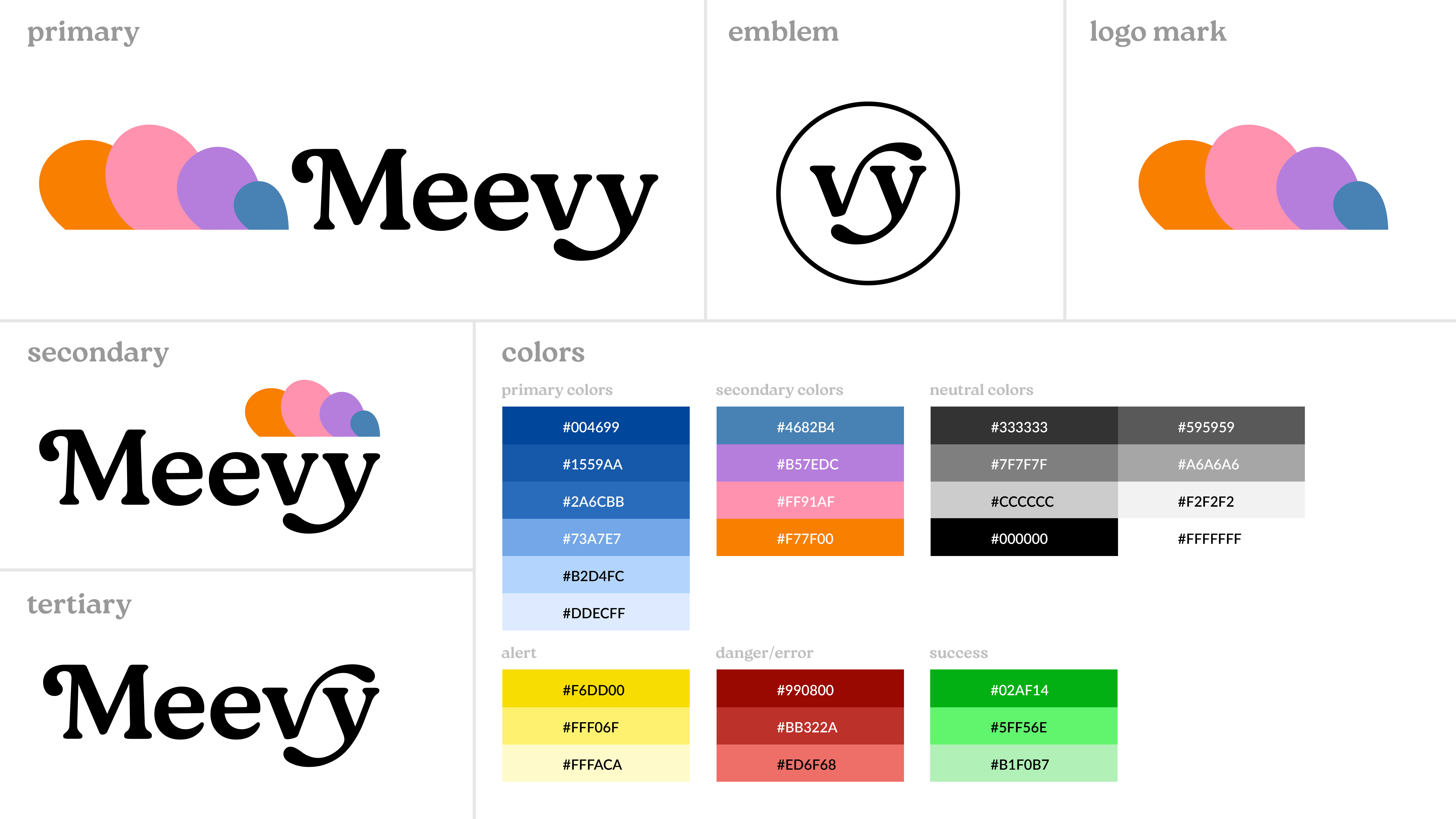 Meevy brand style guide showing primary, secondary, and tertiary logos, emblem, logo mark, brand colors, and typography using Roca Two Bold and Lato Semibold.