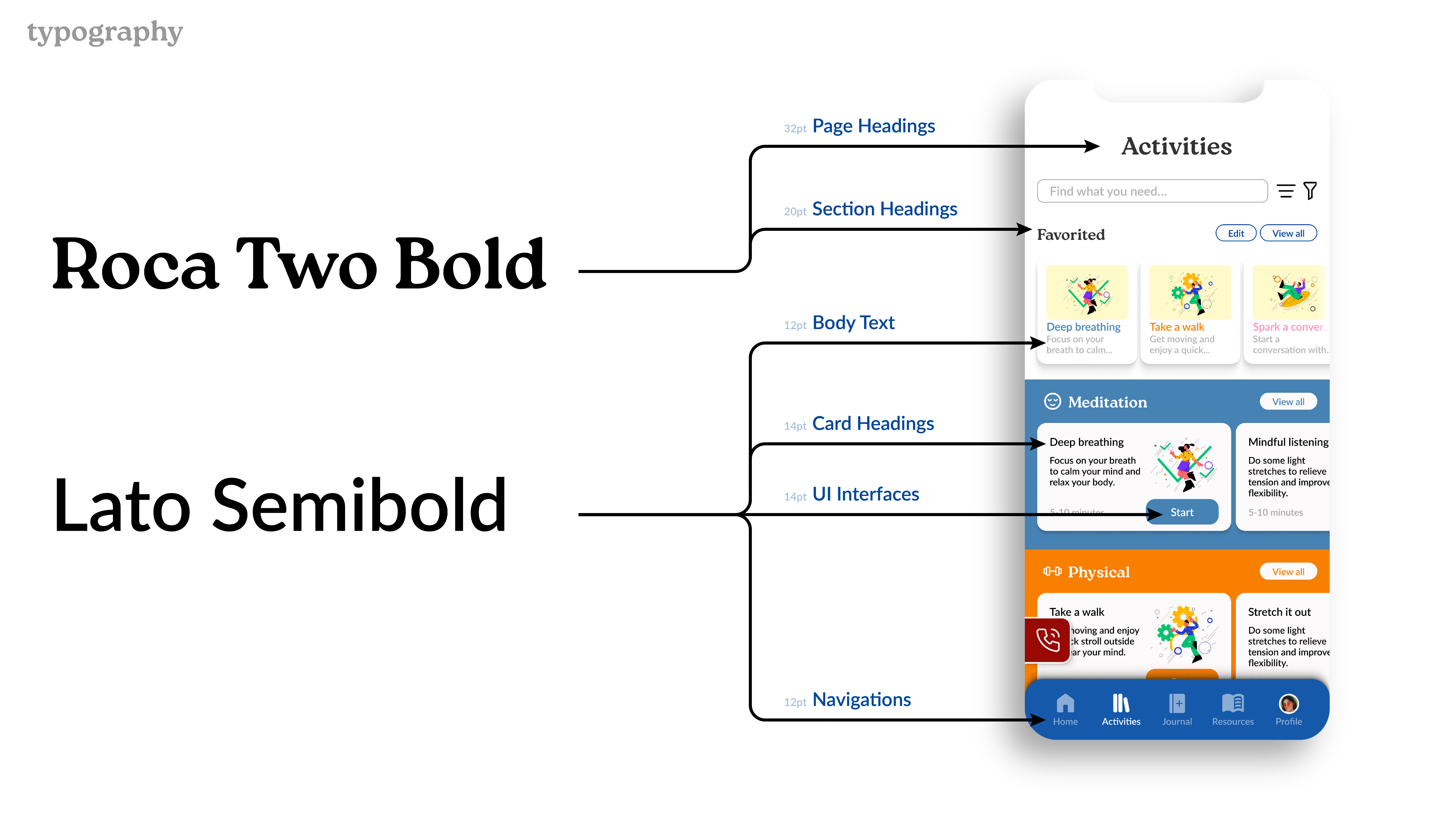 Phone UI mockup showing Meevy typography usage with Roca Two Bold for headings and Lato Semibold for interface and body text.