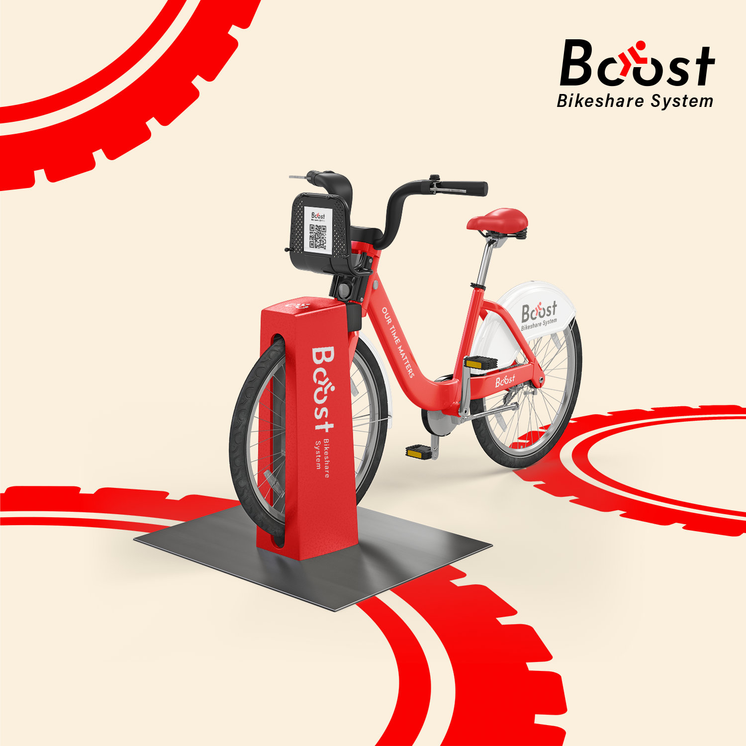 A bike with Boost brand and Boost bike station