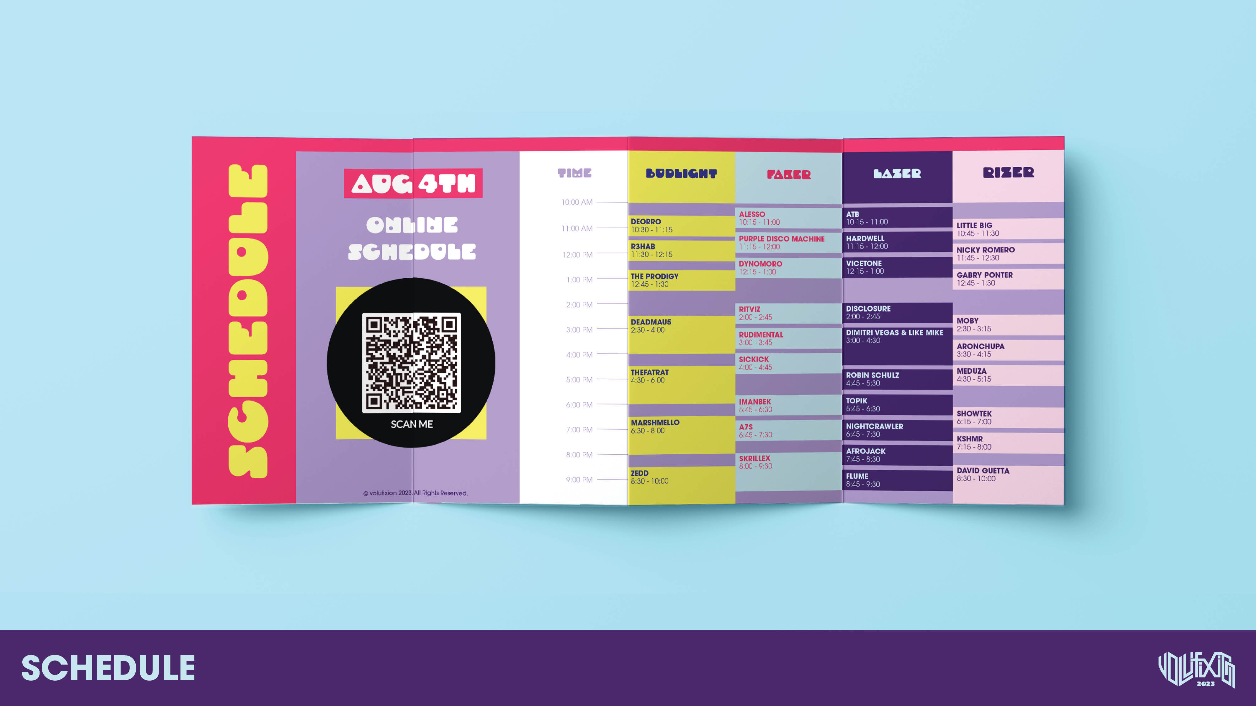 Volufixion schedule pamphlet featuring the artists and their showtimes